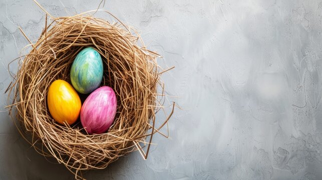 Easter eggs in natural straw nest on gray textured background, colorful festive decoration, copy space