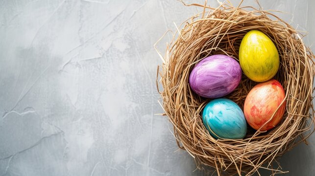 four easter eggs in nest painted in pastel colors over gray background. 
