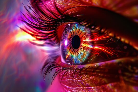 Human Cyborg AI Eye vitreomacular traction. Eye eyeball optic nerve lens constriction color vision. Visionary iris pupillometry techniques sight vision eyelashes