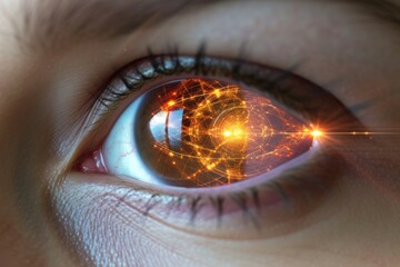 Human Cyborg AI Eye globe. Eye color vision experiment optic nerve lens pupillary pathway color vision. Visionary iris optic nerve axons sight looking eyelashes