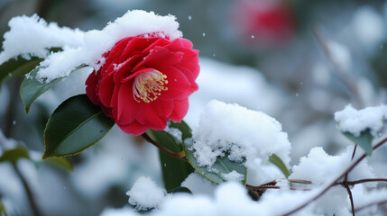 雪が積もっている椿の花　植物イメージ