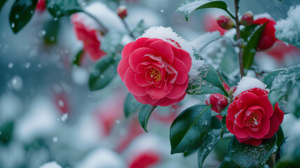 雪が積もっている椿の花　植物イメージ