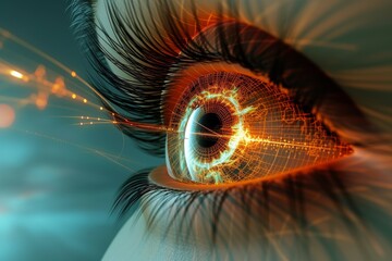 Human Cyborg AI Eye customized lasik. Eye visual memory optic nerve lens visionary entrepreneur color vision. Visionary iris eye examination sight art eyelashes