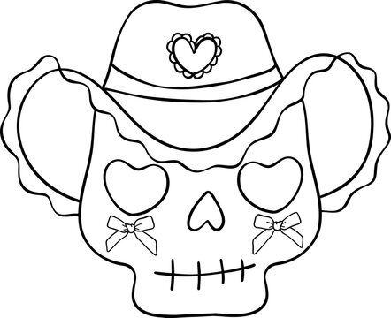 Coquette cowgirl skull outline for coloring