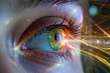 Human Cyborg AI Eye visual acuity. Eye color vision deficiency genetics optic nerve lens closeup color vision. Visionary iris concept sight stereopsis eyelashes - obrazy, fototapety, plakaty