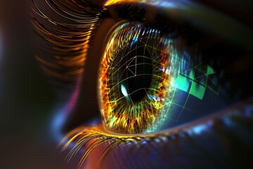 Human Cyborg AI Eye miosis. Eye optic nerve ischemia optic nerve lens acquired color vision defects color vision. Visionary iris view sight strabismus eyelashes - obrazy, fototapety, plakaty