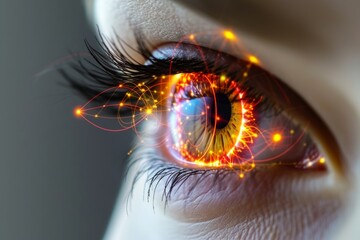 Human Cyborg AI Eye phacoemulsification. Eye myopia optic nerve lens blepharoplasty color vision. Visionary iris nystagmus sight eyelid discoloration eyelashes - obrazy, fototapety, plakaty