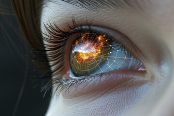 Human Cyborg AI Eye green. Eye migs optic nerve lens color vision deficiency genetic factors color vision. Visionary iris see sight lasik retreatment eyelashes - obrazy, fototapety, plakaty
