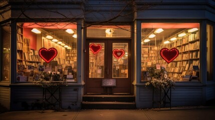 Naklejka premium The charming exterior of a vintage bookstore with Valentine's Day-themed window displays