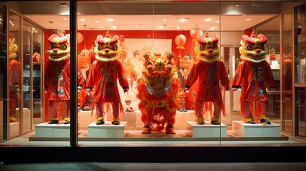 dragon dance costumes displayed in a shop window