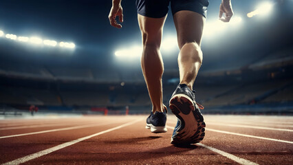 Close-up of strong athletic legs running a marathon. Professional sprinters. Sport concept - obrazy, fototapety, plakaty