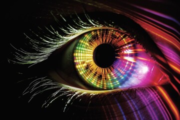 Human Cyborg AI Eye presbyopia. Eye eyelid disorders optic nerve lens refractive surgery color vision. Visionary iris texture sight visual impairment eyelashes