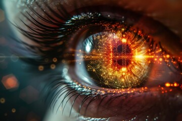 Human Cyborg AI Eye visionary leadership. Eye eyelid movement optic nerve lens motion color vision. Visionary iris night vision sight ophthalmoplegia eyelashes - obrazy, fototapety, plakaty