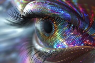 Human Cyborg AI Eye color vision therapy. Eye disambiguation optic nerve lens snellen chart color vision. Visionary iris eyelid infections sight prk eyelashes - obrazy, fototapety, plakaty