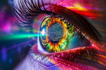 Human Cyborg AI Eye optic nerve edema. Eye corneal cross linking optic nerve lens compound eye color vision. Visionary iris optic disc sight uveitis eyelashes - obrazy, fototapety, plakaty