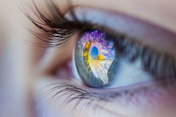 Human Cyborg AI Eye galaxy. Eye focal length optic nerve lens eye drop compliance color vision. Visionary iris eyelid lift sight lasik recovery tips eyelashes - obrazy, fototapety, plakaty