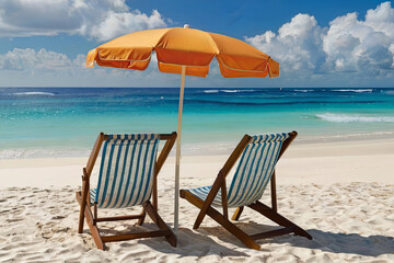 Fototapeta na wymiar Relaxing beach scene. Two chairs and umbrella on beautiful white sand beach, sunny day by the ocean.