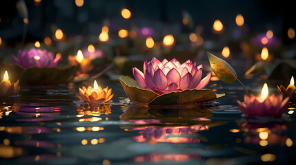 3D rendering Krathong floating flower background, Thailand Loy Krathong festival