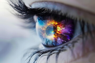 Human Cyborg AI Eye art. Eye Eye drop optic nerve lens Dry eye drop color vision. Visionary iris color vision deficiency inheritance sight photopsia eyelashes - obrazy, fototapety, plakaty