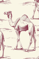 Seamless pattern of hand-drawn illustration of camels walking around

