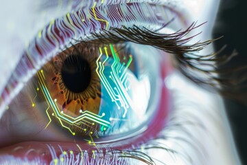 Human Cyborg AI Eye eyelid. Eye color vision deficiency optic nerve lens lens distortion color vision. Visionary iris seeing sight binocular vision eyelashes - obrazy, fototapety, plakaty