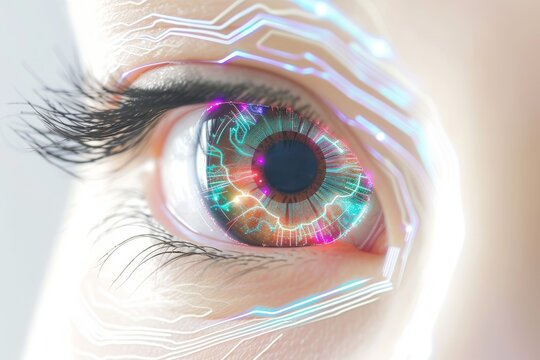 Human Cyborg AI Eye illustration. Eye space optic nerve lens color discrimination color vision. Visionary iris mesopic vision sight eyelid drooping eyelashes