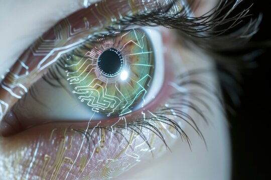 Human Cyborg AI Eye design. Eye conjunctival tumor excision optic nerve lens eye health color vision. Visionary iris closeup sight eyeball movement eyelashes