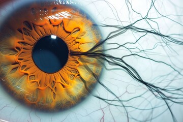 Human Cyborg AI Eye low vision. Eye iris transillumination defect optic nerve lens eye infection color vision. Visionary iris amblyopia sight migs eyelashes - obrazy, fototapety, plakaty