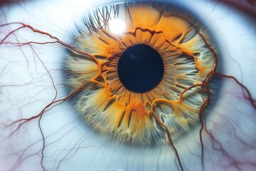 Human Cyborg AI Eye lower eyelid. Eye incomplete color blindness optic nerve lens dry eye color vision. Visionary iris achromatopsia sight scotoma eyelashes