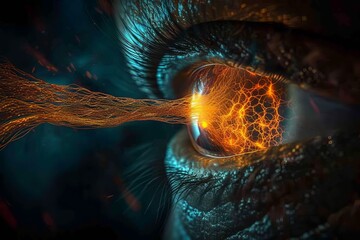Human Cyborg AI Eye optic nerve disorders. Eye geriatric ophthalmology optic nerve lens d 15 test color vision. Visionary iris dsek sight envision eyelashes - obrazy, fototapety, plakaty