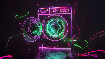 Vintage neon washing machine with green and pink light trails isolated on black background. Created with generative AI.