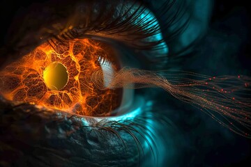 Human Cyborg AI Eye color vision aid. Eye ball optic nerve lens color perception color vision. Visionary iris glaucoma surgery sight bipolar cells eyelashes