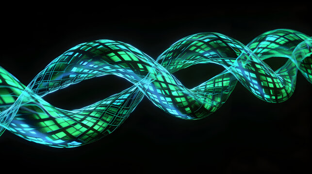 Neon wireframe braid with light trail isotated on black background. Created with generative AI.
