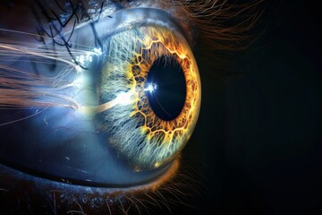 Human Cyborg AI Eye color discrimination. Eye glow optic nerve lens backdrop color vision. Visionary iris eye pain sight optic nerve inflammation eyelashes - obrazy, fototapety, plakaty