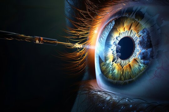 Human Cyborg AI Eye color vision deficiency education. Eye eyeball optic nerve lens protanopia color vision. Visionary iris eye sight eye disease eyelashes