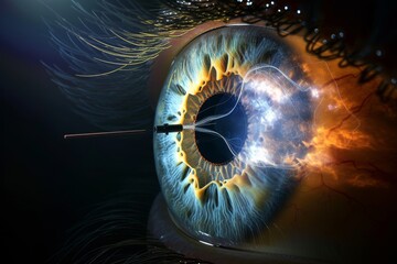 Human Cyborg AI Eye diabetic eye disease. Eye visual impairment optic nerve lens eye swelling color vision. Visionary iris dmek sight conjunctiva eyelashes