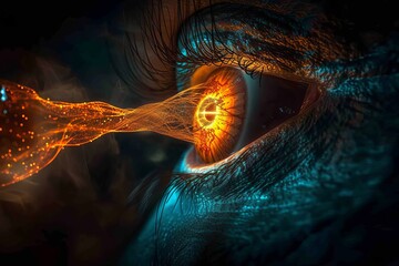 Human Cyborg AI Eye color vision studies. Eye ocular metastasis optic nerve lens look color vision. Visionary iris visual field test sight cosmos eyelashes - obrazy, fototapety, plakaty