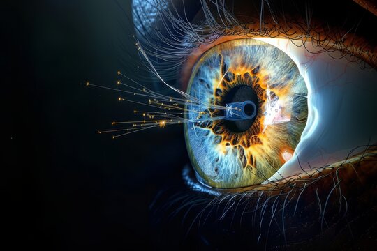 Human Cyborg AI Eye texture. Eye optic chiasm optic nerve lens subluxated lens color vision. Visionary iris deuteranopia sight visionary movement eyelashes