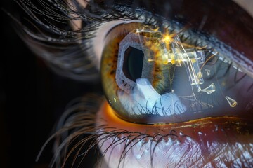 Human Cyborg AI Eye brown eye. Eye presbyopia optic nerve lens vision therapy color vision. Visionary iris visionary strategy sight illustration eyelashes