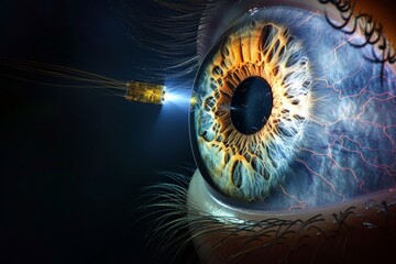 Human Cyborg AI Eye brainstorming. Eye ophthalmic laser optic nerve lens pterygium color vision. Visionary iris woman sight visionary innovation eyelashes