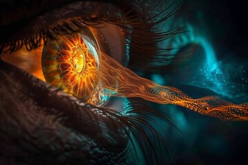 Human Cyborg AI Eye optic nerve function. Eye sight optic nerve lens digitalization color vision. Visionary iris lens refraction sight mixed erg eyelashes