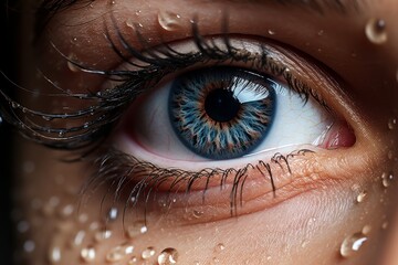 Human Cyborg AI Eye eye exam. Eye iris dilator muscle optic nerve lens peripheral vision color vision. Visionary iris lens luxation sight makeup eyelashes - obrazy, fototapety, plakaty
