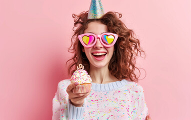 Happy woman wearing novelty glasses holding cupcake Birthday Celebration