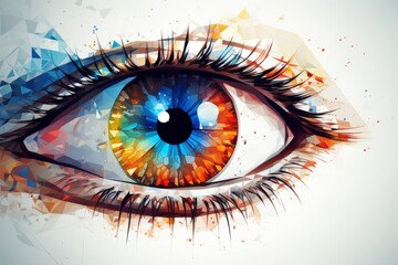Human Cyborg AI Eye eyelid spasms. Eye blue optic nerve lens cone cells color vision. Visionary iris contact lenses sight pupil size variability eyelashes - obrazy, fototapety, plakaty