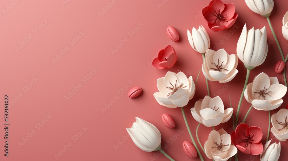 Wall mural Tulips background. Springtime holiday card design with copy space area for text. Romantic background for Mothers day and International Women day. - Wall murals