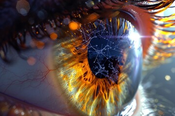 Human Cyborg AI Eye optic nerve sheath. Eye conjunctiva optic nerve lens clarity color vision. Visionary iris visual attention sight papillitis eyelashes