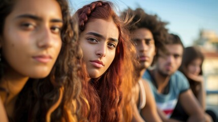 Obraz premium A group of diverse friends sitting on a rooftop their faces a mix of introspection and uncertainty.