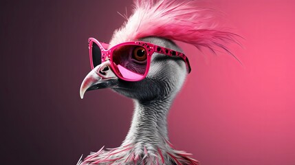 Pink punk rock flamingo bird in sunglass isolated on solid pastel background. Birthday party. greeting card. presentation. advertisement. invitation. copy text space.