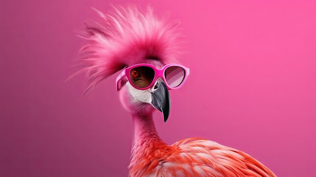 Pink punk rock flamingo bird in sunglass isolated on solid pastel background. Birthday party. greeting card. presentation. advertisement. invitation. copy text space.