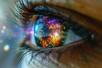 Human Cyborg AI Eye monochromacy. Eye black optic nerve lens eyelid crusting color vision. Visionary iris scleral buckle surgery sight abstract eyelashes